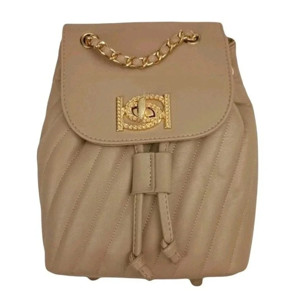 BEBE Quilted Faux Leather Drawstring Backpack Gold Chain Tan Beige Women New